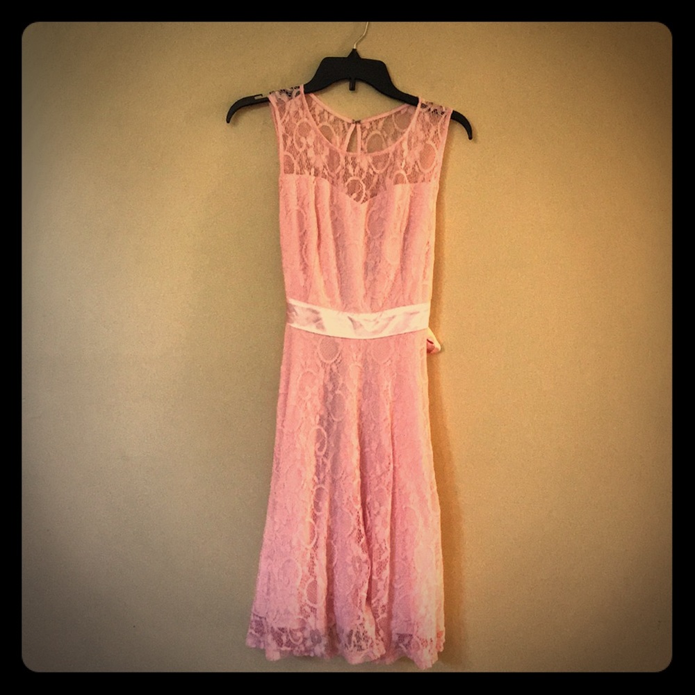 Lace light pink bridesmaid or formal dress.